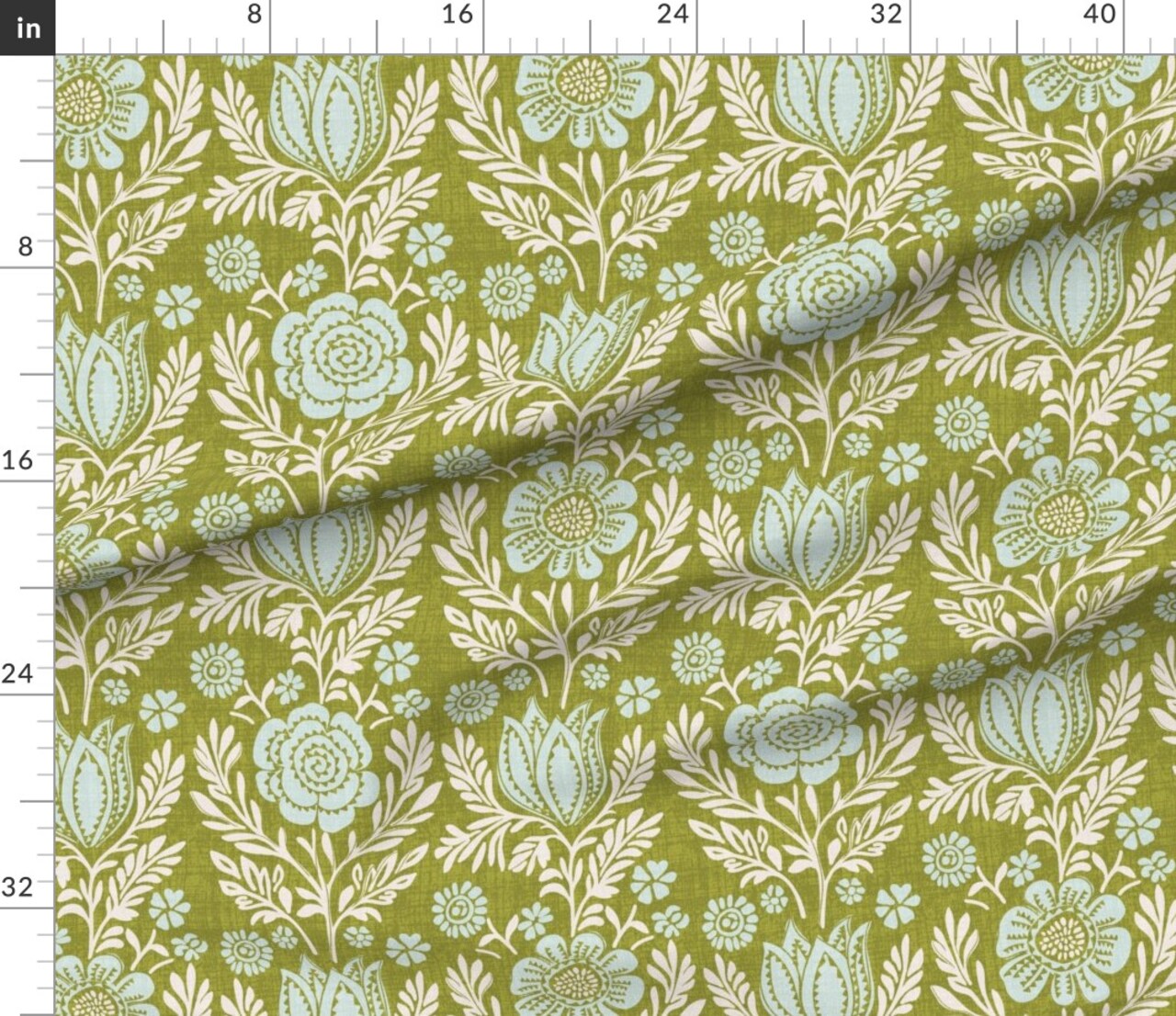Green Botanical Sky Blue Flowers Rustic Hand Drawn Bohemian Farmhouse Cottagecore Custom Printed Fabric by Spoonflower Various Fabrics by the Yard or Fat Quarter